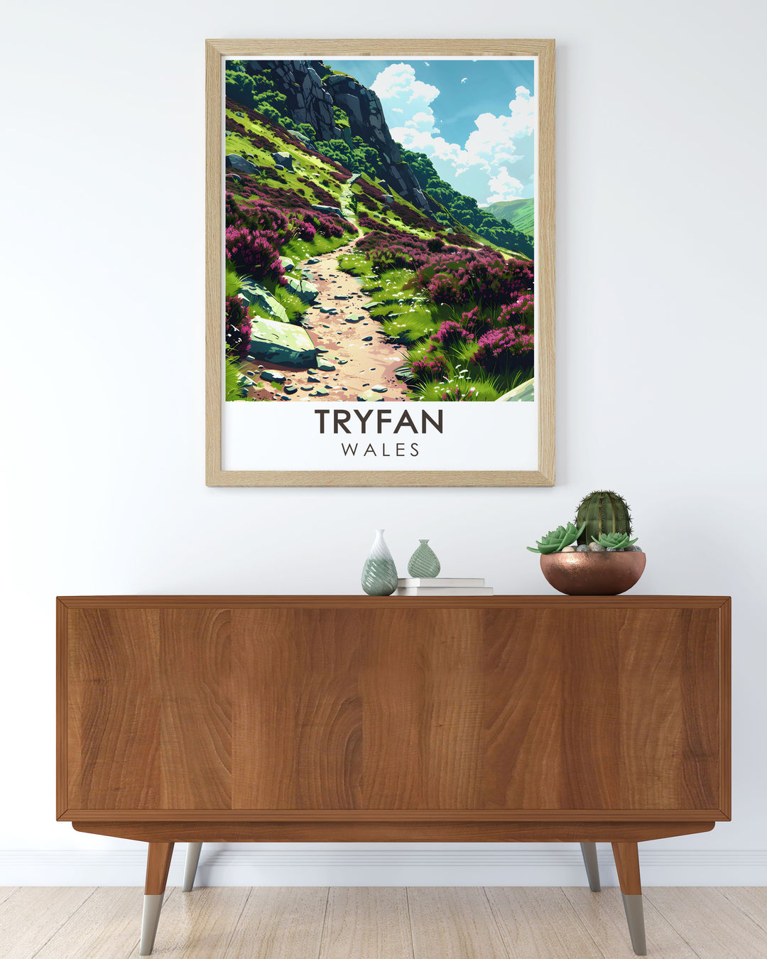 Vintage travel print of Snowdonia Wales highlighting the beauty of Mount Snowdon and Heather Terrace ideal for adding retro charm to any room