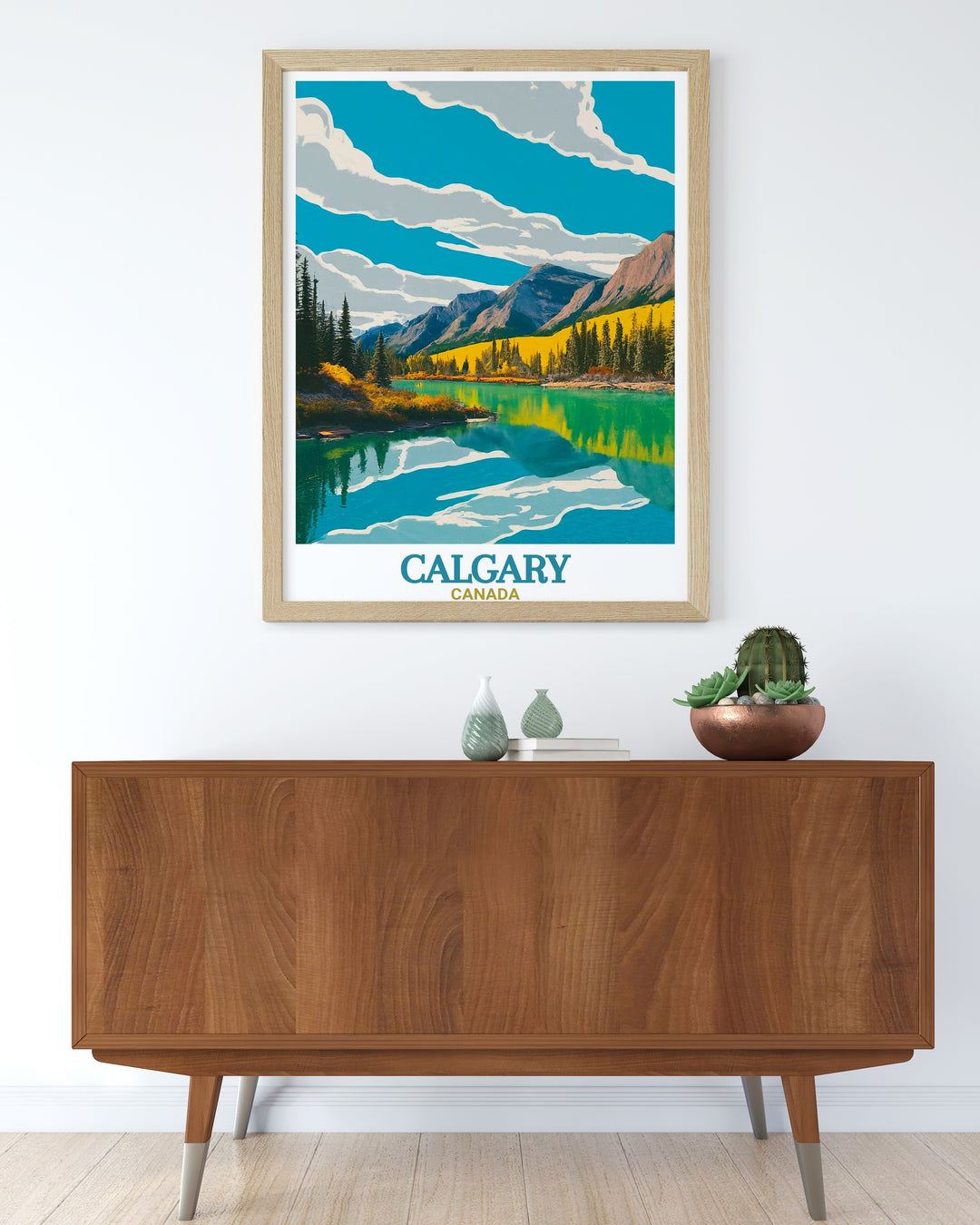 Fish Creek Provincial Park poster highlighting the parks lush scenery and tranquil atmosphere. Ideal for nature lovers this Canada decor piece is a beautiful reminder of Calgarys natural oasis and makes a great gift for any occasion.