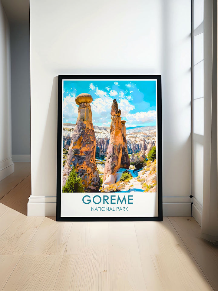 This poster of Goreme National Park in Turkey captures the breathtaking Fairy Chimneys and serene hot air balloon rides, creating a vibrant and detailed piece of wall art that celebrates the natural wonders of Cappadocia.
