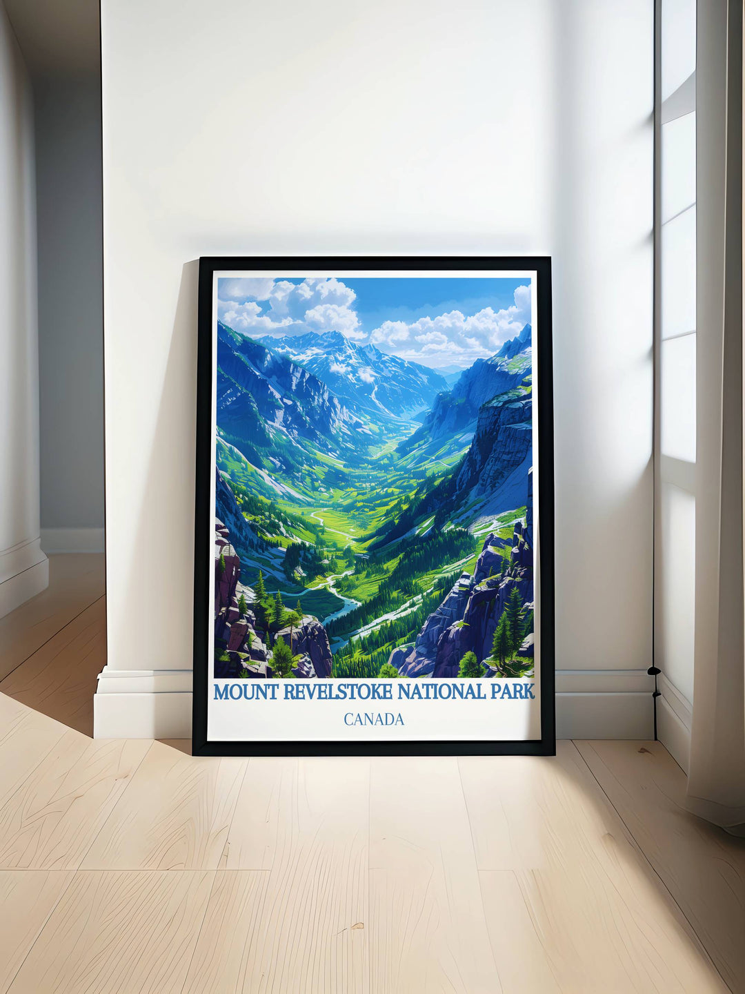 Meadows in the Sky Parkway print features the breathtaking beauty of Canadas Rocky Mountains. This stunning artwork showcases Banff National Park and Mount Revelstoke, bringing the splendor of Revelstoke Canada into your home with a classic retro travel poster style.