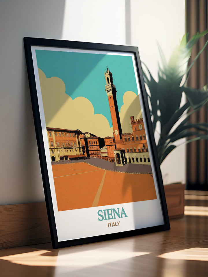 Bring the beauty of Italy into your home with this stunning Siena Travel Print featuring Piazza del Campo. The fine line black and white design adds a timeless touch to your home decor or makes for a special gift on birthdays anniversaries or holidays.