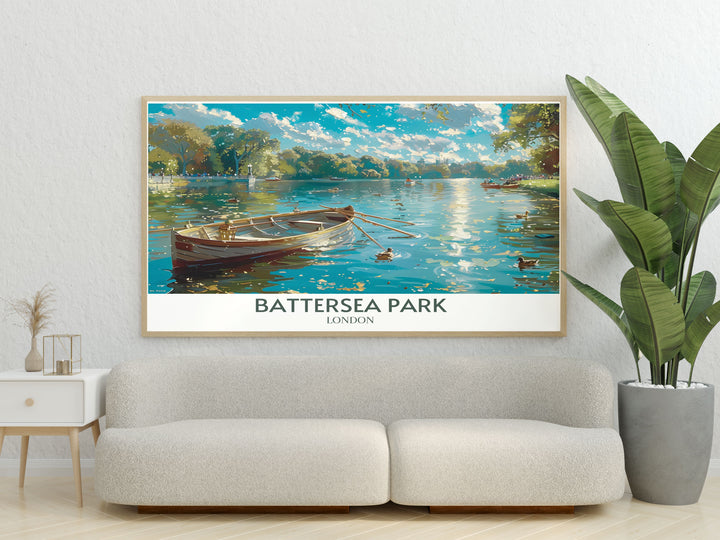 Vintage London print showcasing the peaceful Battersea Park Lake and iconic Power Station adding a touch of Londons charm to your living room decor