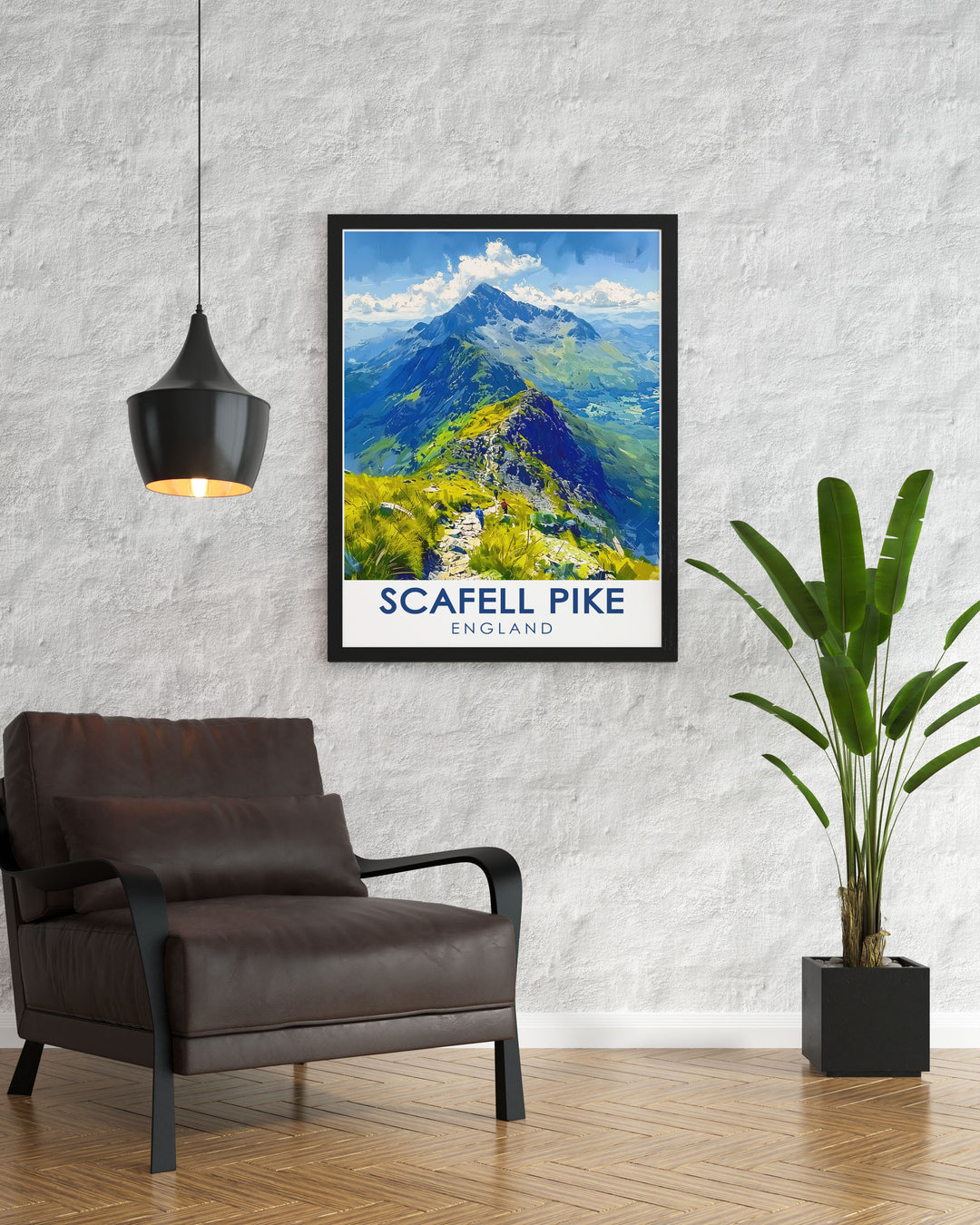 This travel print of Scafell Pike focuses on the Corridor Route, offering a stunning view of the mountain and surrounding landscape. Ideal for hikers and nature enthusiasts, its a perfect addition to any wall, reminding you of Englands natural wonders.