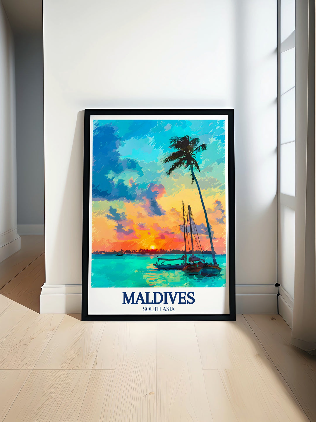 Maldives Art Print capturing the picturesque views of Velassaru Island and the iconic Maldivian Dhoni boats, set against the serene waters of the Indian Ocean. This detailed art print is ideal for creating a peaceful and tropical atmosphere in your home.