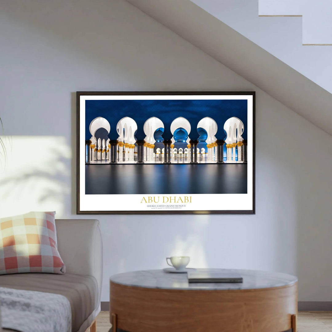 Majestic blue hour view of the Sheikh Zayed Grand Mosque arches and courtyard in Abu Dhabi. Supplied by MapYourDreams, this print is available in versatile choices including unframed fine paper, solid wooden framed versions, and gallery wrapped canvas for sophisticated wall art decor.