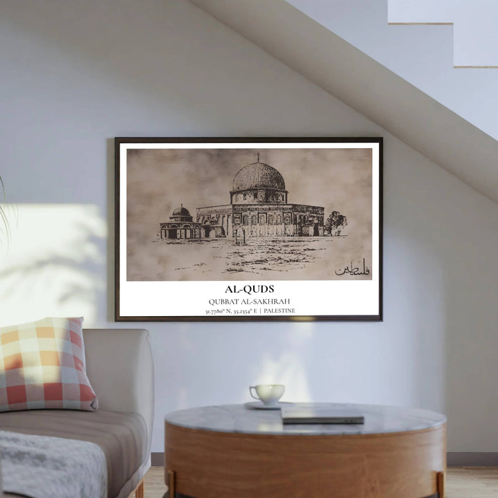Architectural ink illustration poster of Al-Haram Al-Sharif Dome of the Rock in Jerusalem Palestine with clean coordinates typography. Presented by MapYourDreams, this artwork is available in flexible options including unframed paper, custom wooden frames, and gallery canvas wraps for living room art.