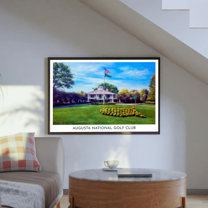 American and golf flags fly atop tall flagpoles positioned over the Augusta Founders Circle art print showcasing bright floral colors and pristine landscaping. Offered by MapYourDreams, this artwork is available in flexible options including unframed paper, custom wooden frames, and gallery canvas wraps for tailored home wall decor setups.