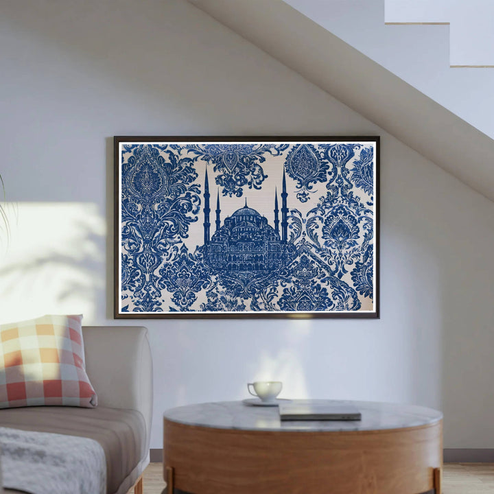 Blue and cream damask pattern travel poster depicting Istanbul Blue Mosque six minarets and central dome. Produced by MapYourDreams, this artwork is available in flexible options including unframed paper, custom wooden frames, and gallery canvas wraps for office wall decor.