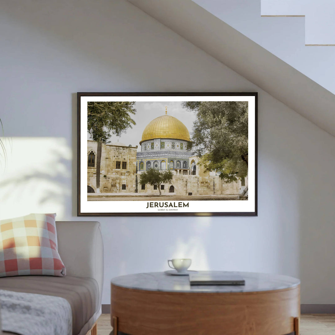 Elegant Jerusalem Palestine poster showing golden Dome of the Rock sanctuary framed by olive green foliage. Created by MapYourDreams, this artwork is available in flexible options including unframed paper, custom wooden frames, and gallery canvas wraps for bedroom wall art.