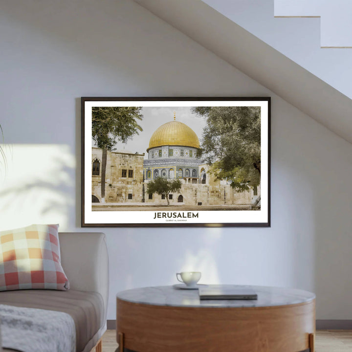 Elegant Jerusalem Palestine poster showing golden Dome of the Rock sanctuary framed by olive green foliage. Created by MapYourDreams, this artwork is available in flexible options including unframed paper, custom wooden frames, and gallery canvas wraps for bedroom wall art.