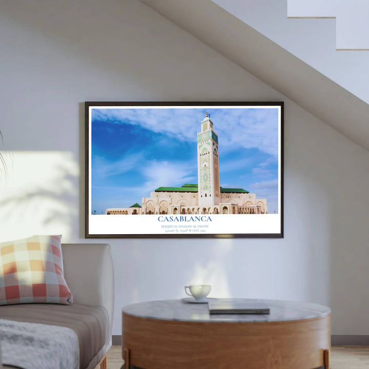 Architectural photography poster depicting Casablanca Hassan II Mosque minaret rising grandly against fluffy clouds in sky. Produced by MapYourDreams, this artwork is available in flexible options including unframed paper, custom wooden frames, and gallery canvas wraps for office wall decor.