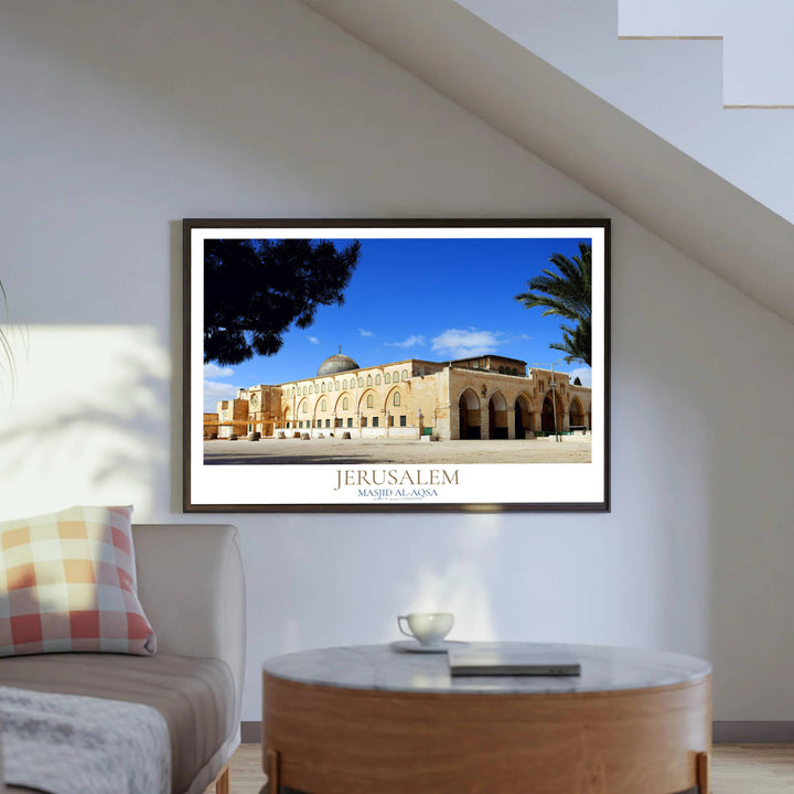 Elegant Holy Land travel poster showing Al Aqsa Mosque lead capped dome and arched stone facade in warm natural light. Created by MapYourDreams, this artwork is available in flexible options including unframed paper, custom wooden frames, and gallery canvas wraps for bedroom wall art.