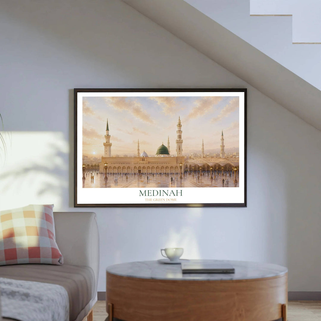Fine art photo poster depicting Al Masjid an Nabawi courtyard in Madinah at morning light with elegant typography and coordinates. Produced by MapYourDreams, this artwork is available in flexible options including unframed paper, custom wooden frames, and gallery canvas wraps for office wall decor.
