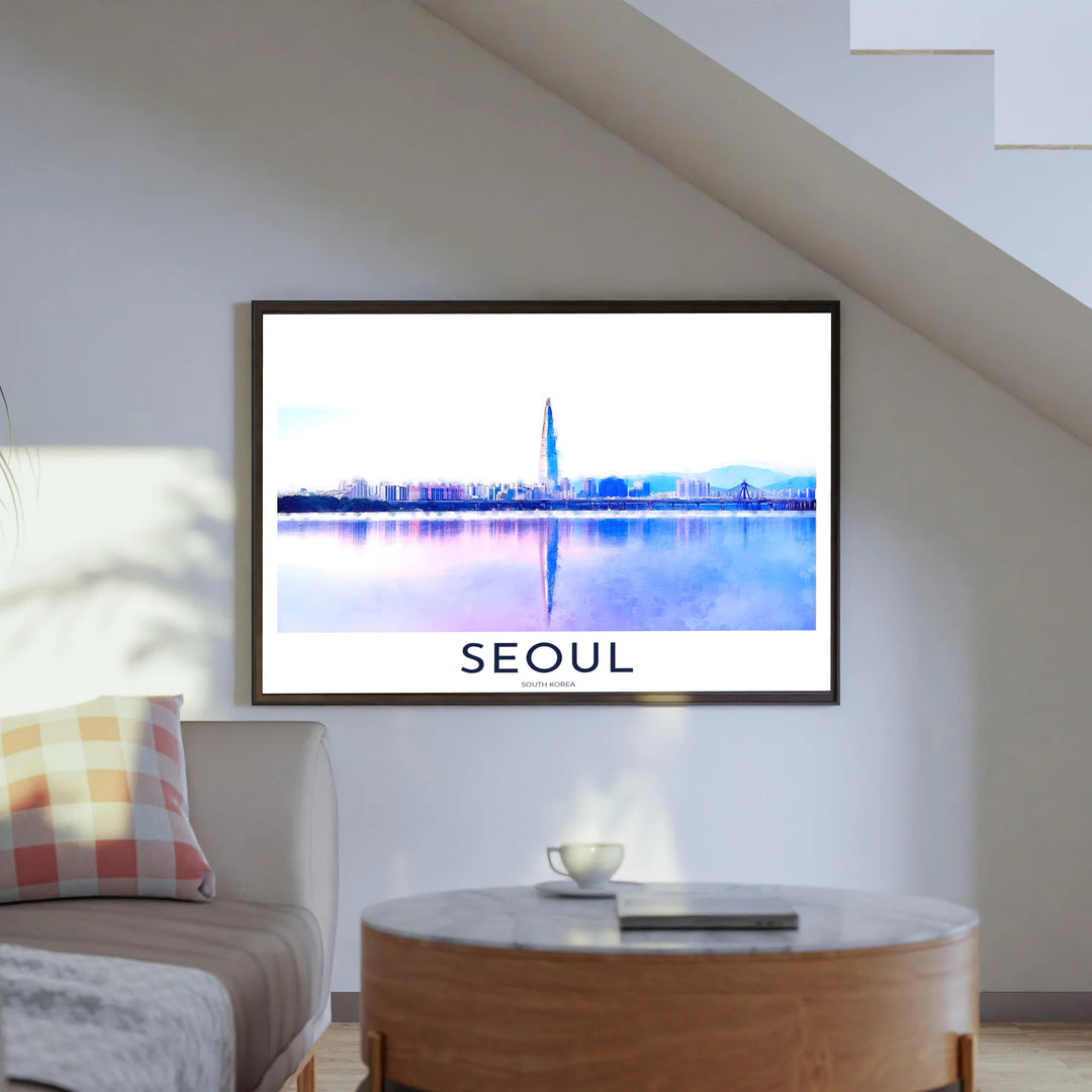 Digital watercolor landscape poster capturing Lotte World Tower soaring above the Seoul city skyline with river reflections, supplied by MapYourDreams in adaptable styles including unframed paper, custom black frames, and fine gallery canvas prints perfect for tranquil room setups.