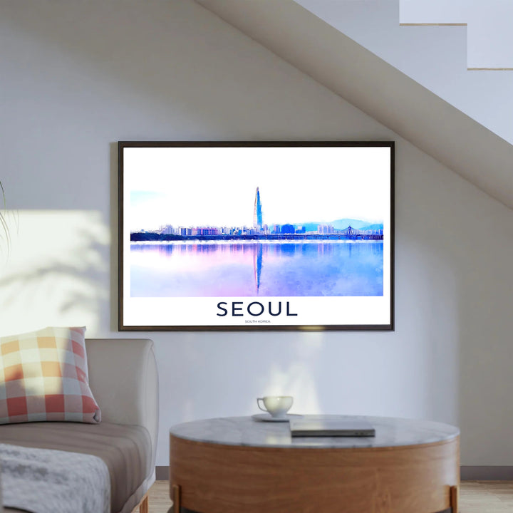 Digital watercolor landscape poster capturing Lotte World Tower soaring above the Seoul city skyline with river reflections, supplied by MapYourDreams in adaptable styles including unframed paper, custom black frames, and fine gallery canvas prints perfect for tranquil room setups.