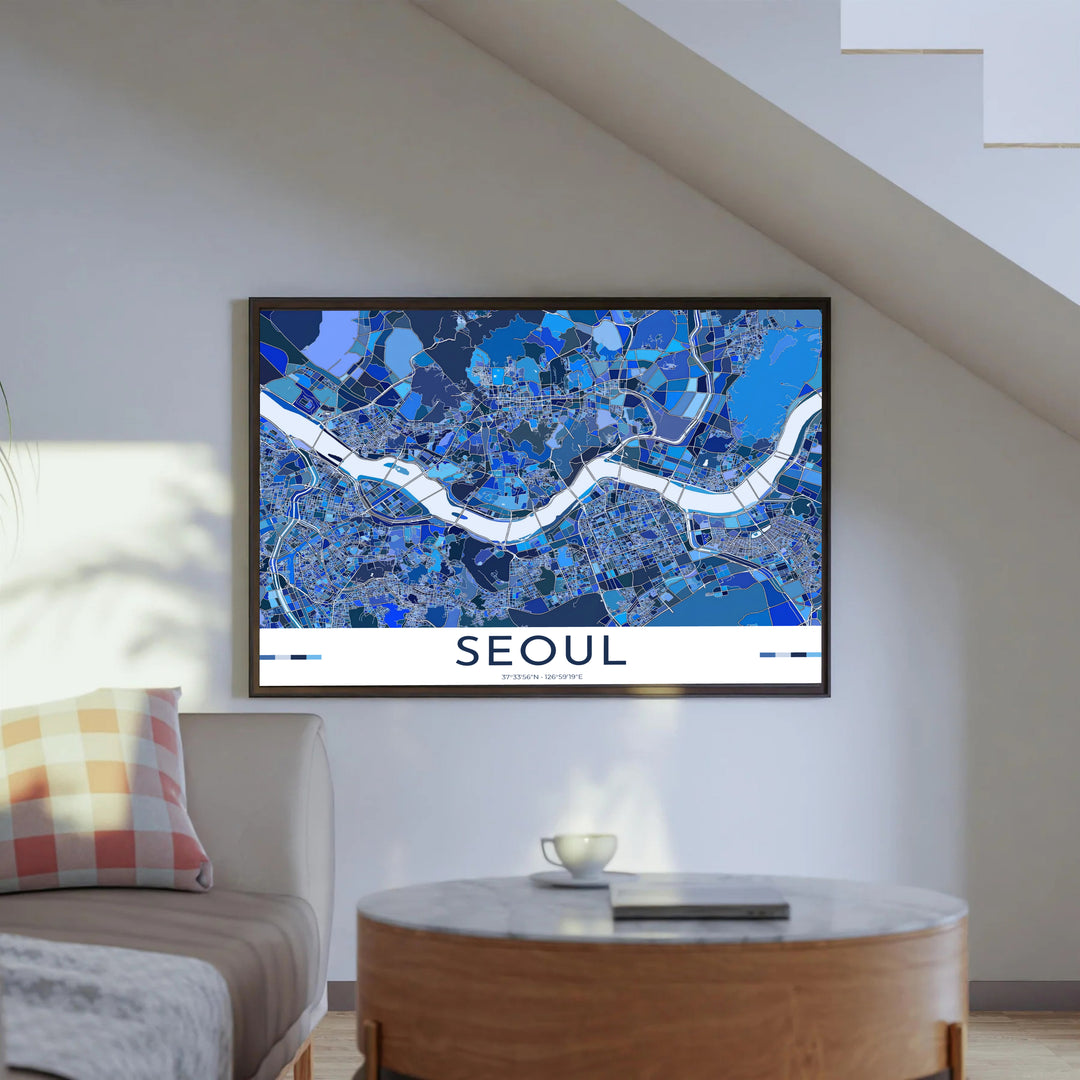 Intricate mosaic geographic map art print illustrating northern and southern districts of Seoul, South Korea, created by MapYourDreams across options like archival unframed prints, solid frames, and canvas wraps that make a sophisticated focal point on any gallery wall.