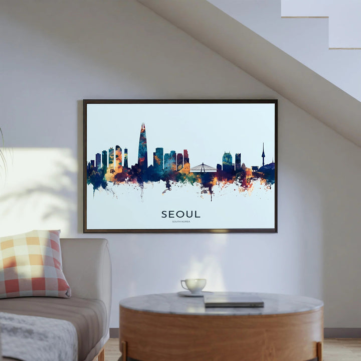 Abstract city skyline print showing deep navy and ochre yellow watercolor washes across the architecture of Seoul South Korea, crafted by MapYourDreams in versatile forms including unframed matte paper, wooden frames, and gallery canvas formats engineered for high durability and rich color.