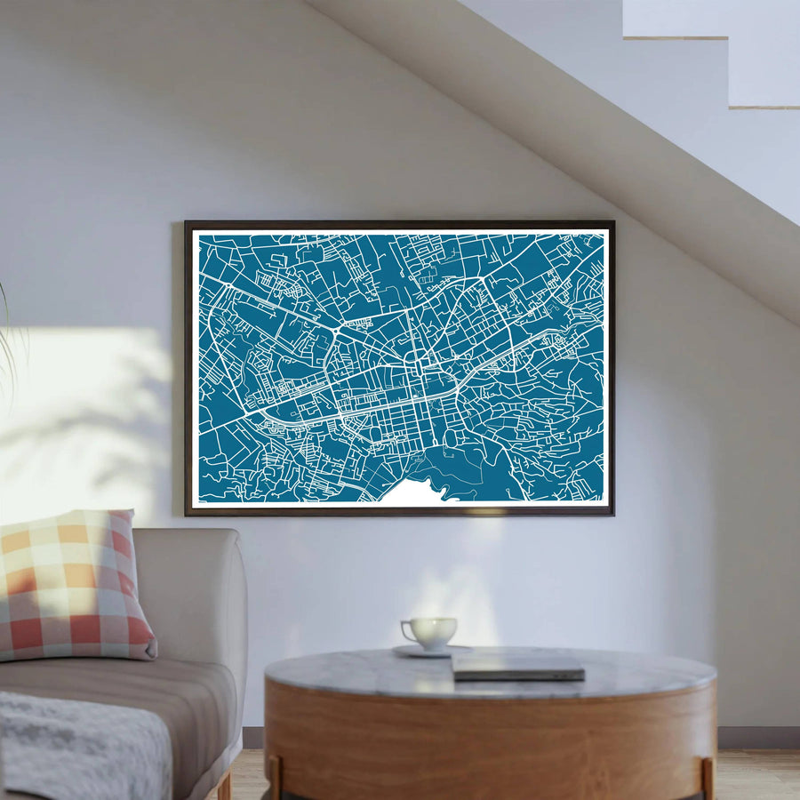Clean white vector linework creates a striking horizontal cartographic layout of the Tirana region in Albania on a deep teal archival print surface. Order this artwork in your preferred style, such as an unframed paper print, a sleek wood frame, or a stretched canvas wrap.