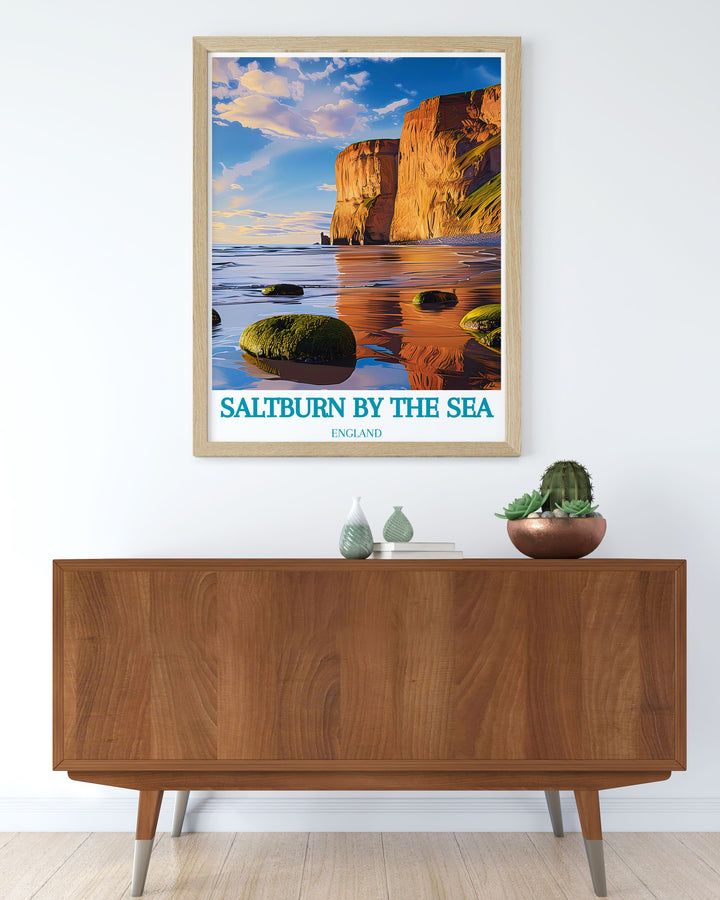 Saltburn Railway print with Huntcliff artwork offering a unique combination of modern and traditional Yorkshire art capturing the historic charm of Saltburn by the Sea and its iconic landmarks perfect for travel lovers and home décor enthusiasts