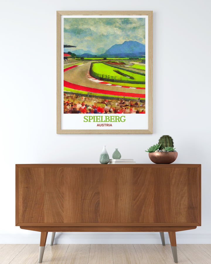 Vivid wall decor featuring the Red Bull Ring, Spielberg, Austria, capturing the high octane atmosphere of Formula 1 racing. An excellent addition to any motorsport collection, this print celebrates the iconic racing culture of Spielberg.