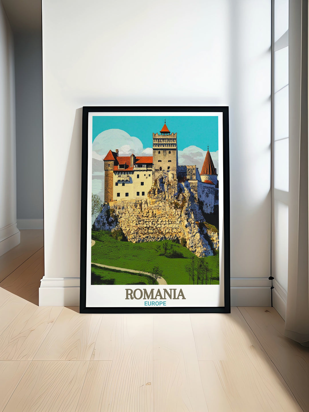 Romania travel art featuring Bran Castle, a legendary fortress in Transylvania. This canvas art brings out the castles dramatic presence set against the scenic backdrop of the Carpathian Mountains, an excellent decor choice for anyone inspired by adventure and history.