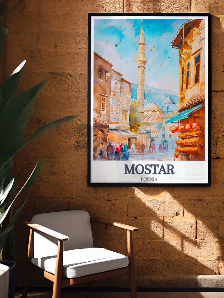 Herzegovina art print showcasing Koski Mehmed Pasha Mosque and Old Town Bazaar in Mostar City making a perfect gift or travel souvenir