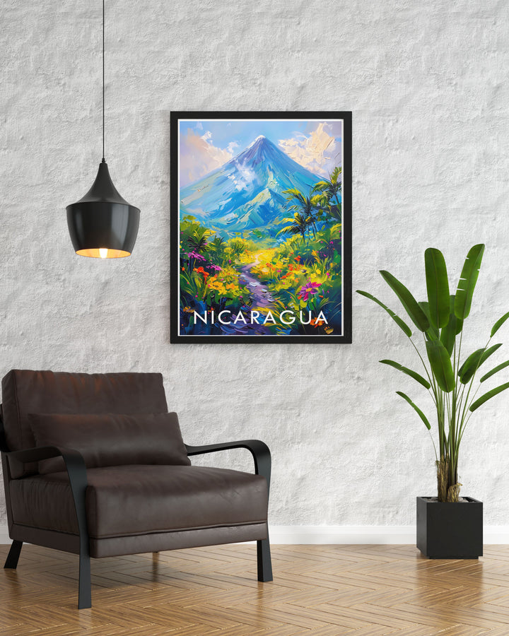 City art print showcasing the majestic volcanoes of Nicaragua a stunning addition to your home decor with vibrant hues and detailed artwork perfect for any room