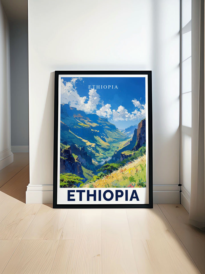 Ethiopia Print featuring the stunning Simien Mountains capturing the majestic peaks and lush valleys perfect for adding a touch of natural beauty to your home decor or as a unique gift for nature and adventure enthusiasts