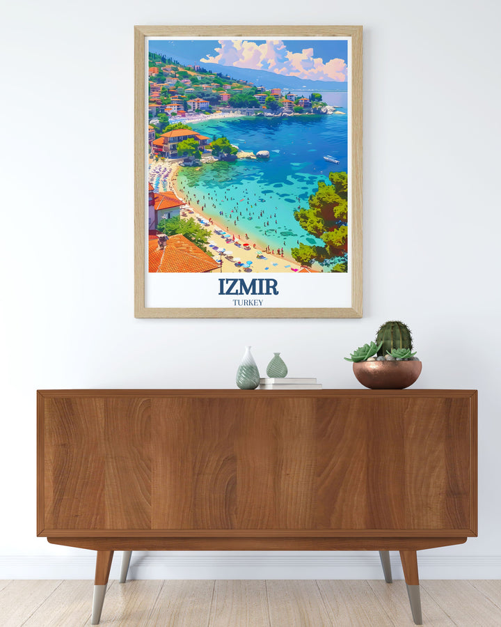 Highlighting the serene waters of Akkum Beach and the historical ruins of the Atlantis Peninsula, this travel poster is perfect for adding a touch of Turkeys heritage to your space.