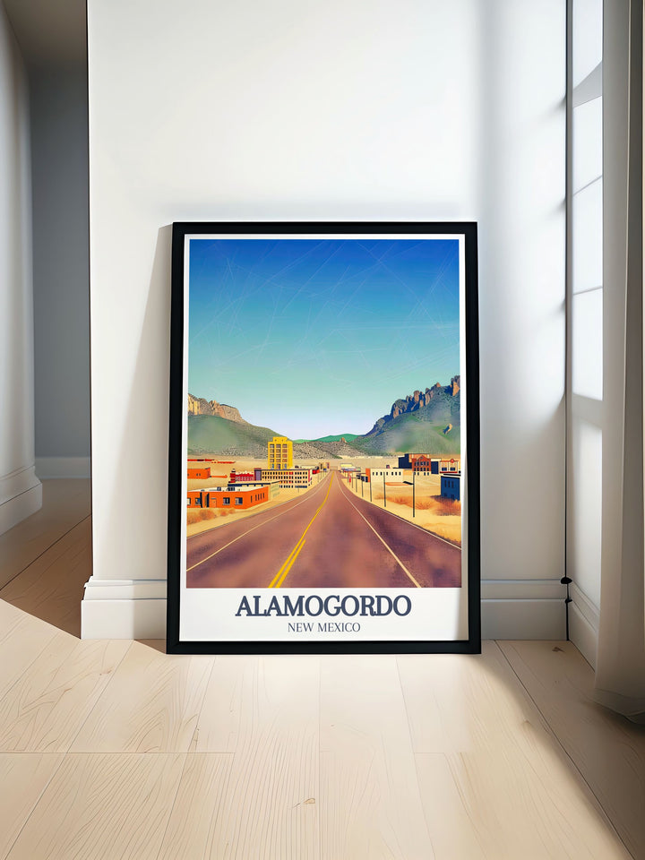 Alamogordo travel poster with stunning view of Sacramento Mountains US 82 road perfect for New Mexico decor and travel art lovers adding a vibrant touch of the Southwest to any home or office space with rich colors and scenic landscapes ideal for gifts.