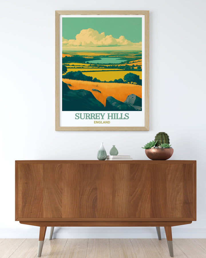 Bring the essence of Surrey Hills into your home with this captivating wall print of Newlands Corner. The artwork celebrates the timeless beauty of this AONB, making it a perfect addition to your art collection. Ideal for anyone who appreciates the tranquility of the English countryside