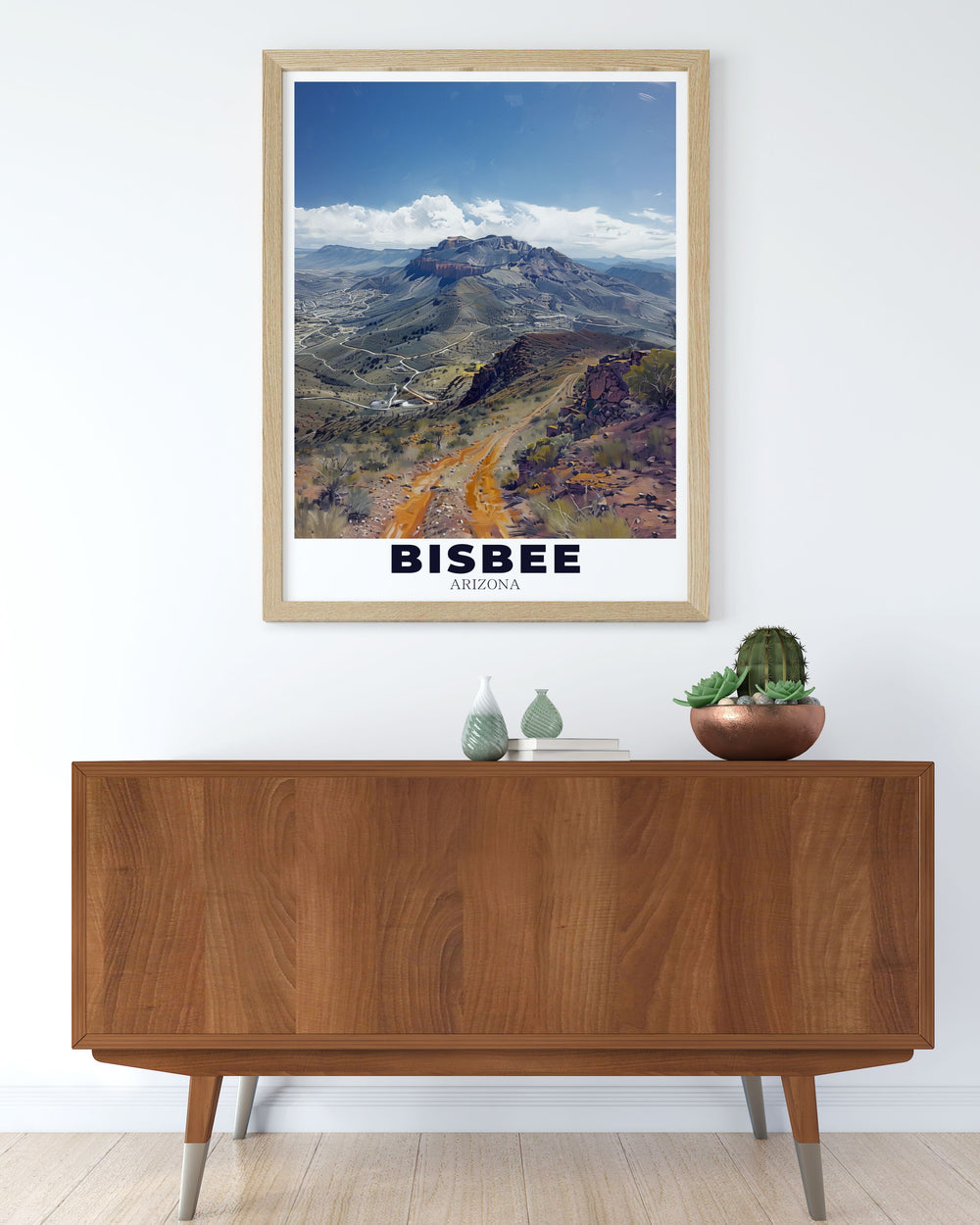 Arizona travel print featuring Mule Mountains in Bisbee. This Arizona artwork is ideal for adding a bold and beautiful touch to your home or office decor celebrating the natural charm of Arizonas Mule Mountains.