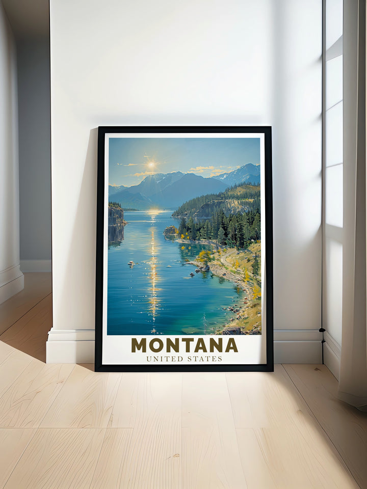 Montana Travel Poster showcases the serene beauty of Flathead Lake, surrounded by the majestic mountains of Montana. This wall art captures the essence of the states outdoor splendor, making it a great addition to your decor or a meaningful gift for nature enthusiasts.