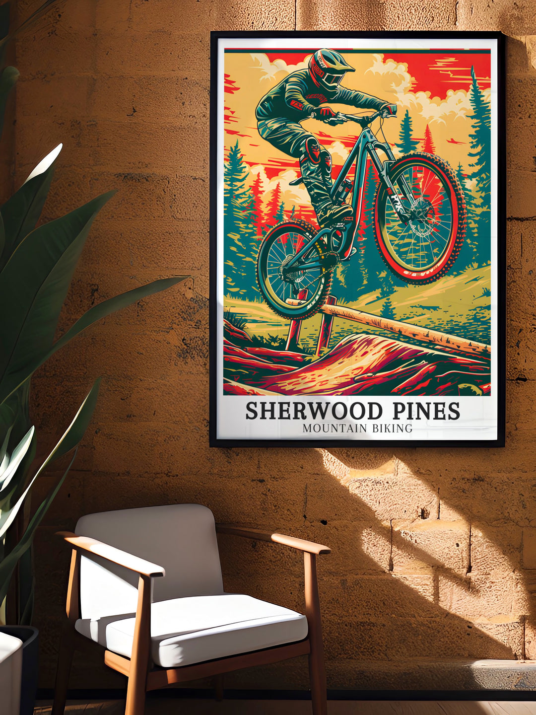 Sherwood Pines travel posters capturing the thrilling views of the Pulpit Jump in Nottinghamshire. Perfect for adding adventure to any decor, this travel wall art brings the dynamic landscapes and vibrant scenery of Sherwood Pines into your home. Each piece is meticulously crafted to reflect the excitement of mountain biking.