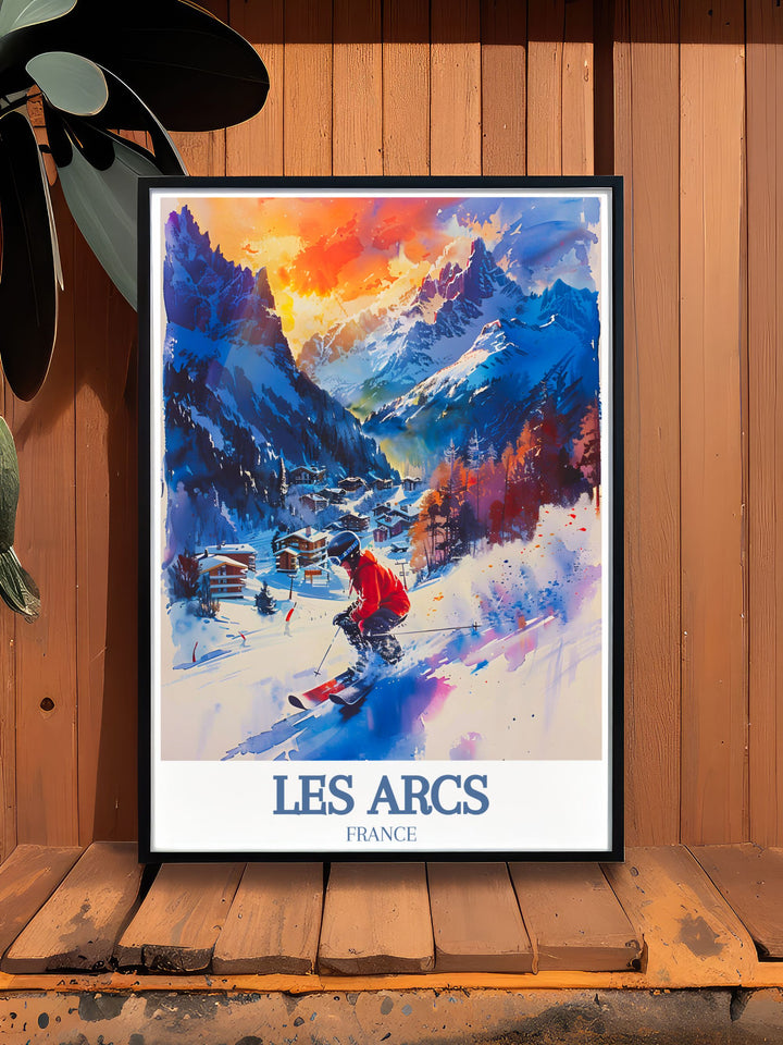 French Alps Poster of Les Arcs in Paradiski ski area Mont Blanc showcasing the breathtaking landscapes and dynamic snowboarding action a perfect addition to any winter sports themed room