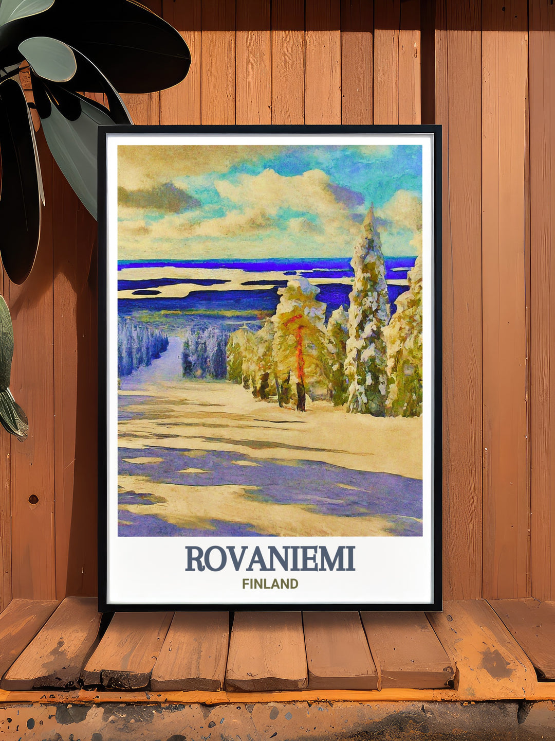 An illustration of Rovaniemi and Ounasvaara Ski Resort in Finland, this travel print showcases the tranquility and natural beauty of the region. Perfect for those who love winter sports or the peacefulness of snowy landscapes.