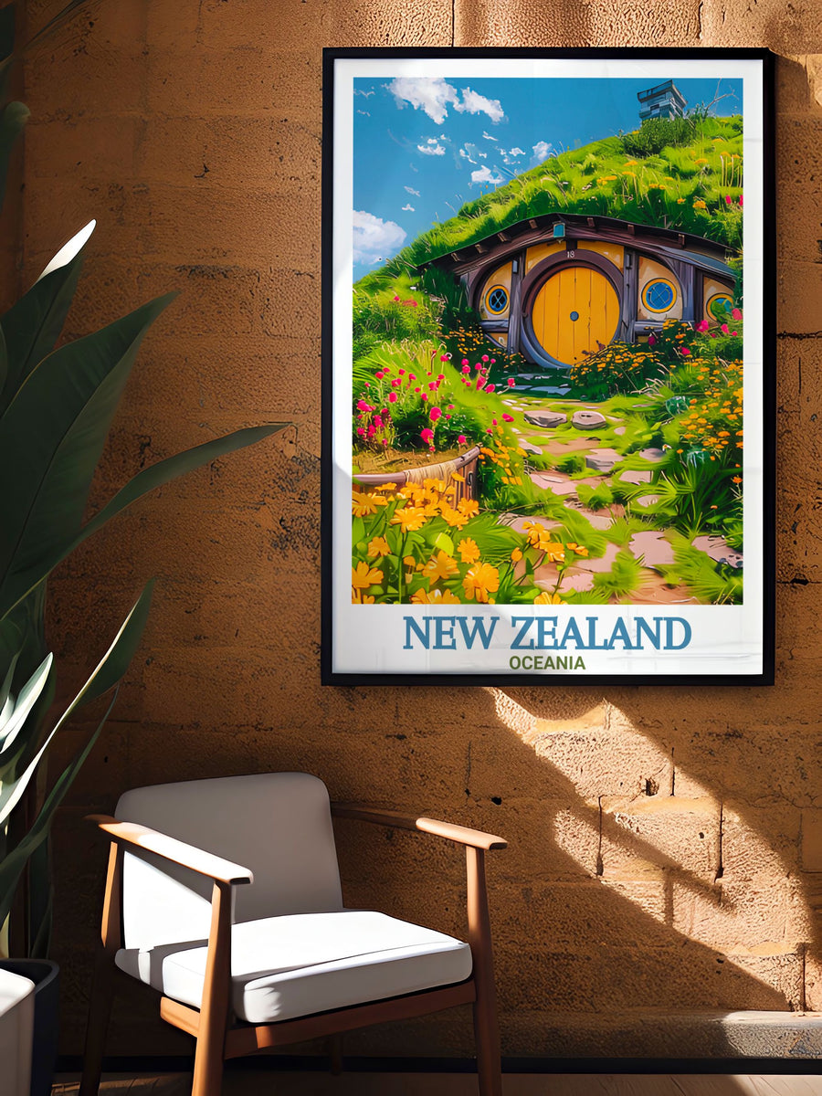 Modern art print of the Hobbiton Movie Set paired with Akaroa Lighthouse offering a unique blend of retro travel vibes and iconic New Zealand scenery perfect for elevating your home decor or creating a conversation piece.