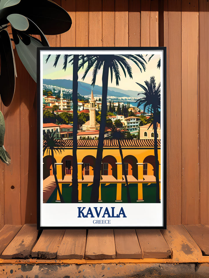 Kavala Poster Print highlighting the historic beauty of Kavala with a focus on its ancient streets and vibrant coastal life, ideal for those who love Greek culture and history, perfect for home décor with a touch of Mediterranean charm.