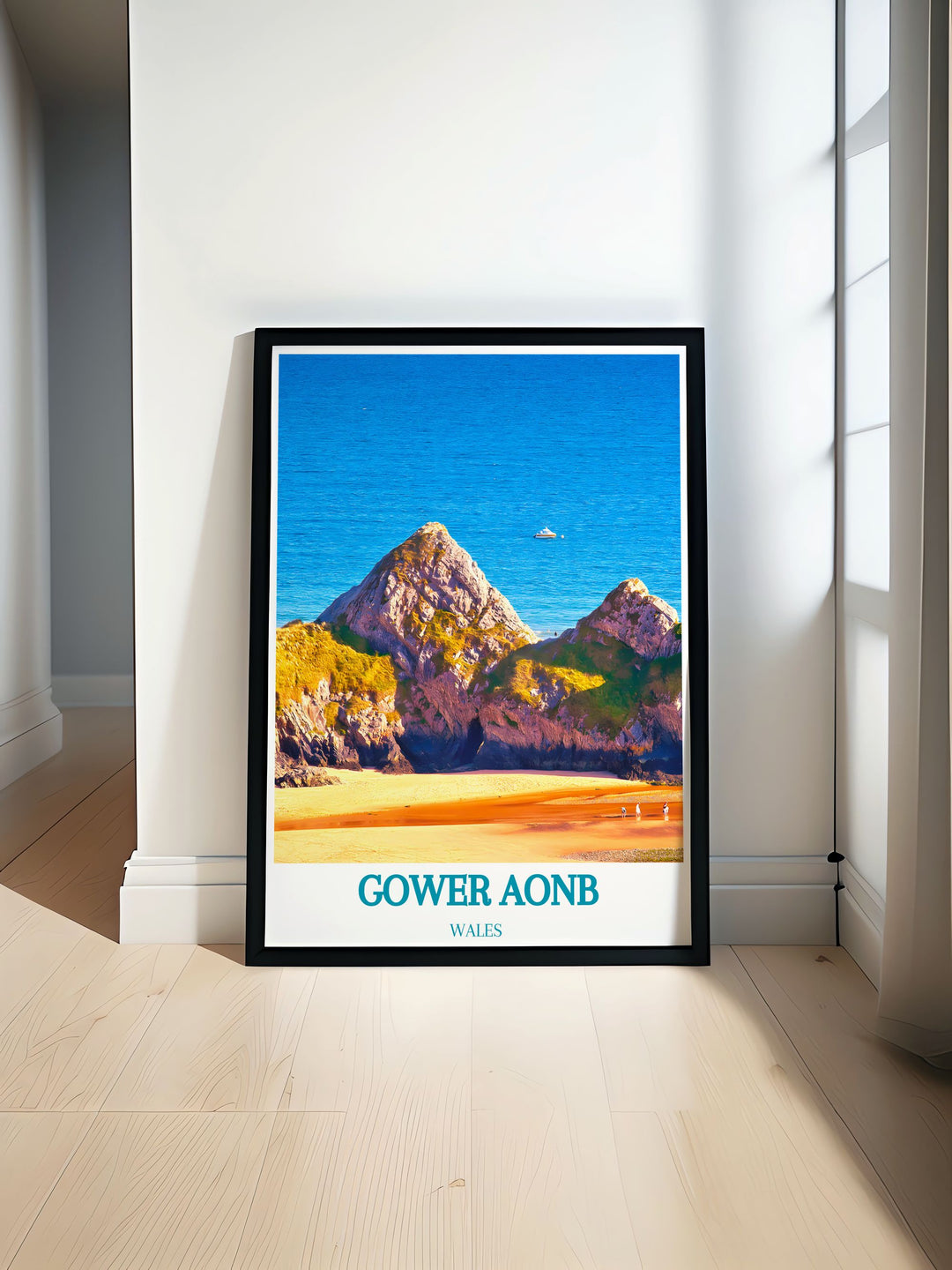 Three Cliffs Bay vintage travel print showcasing the scenic landscape of the Gower Peninsula perfect for adding a touch of the Welsh coastline to your home decor