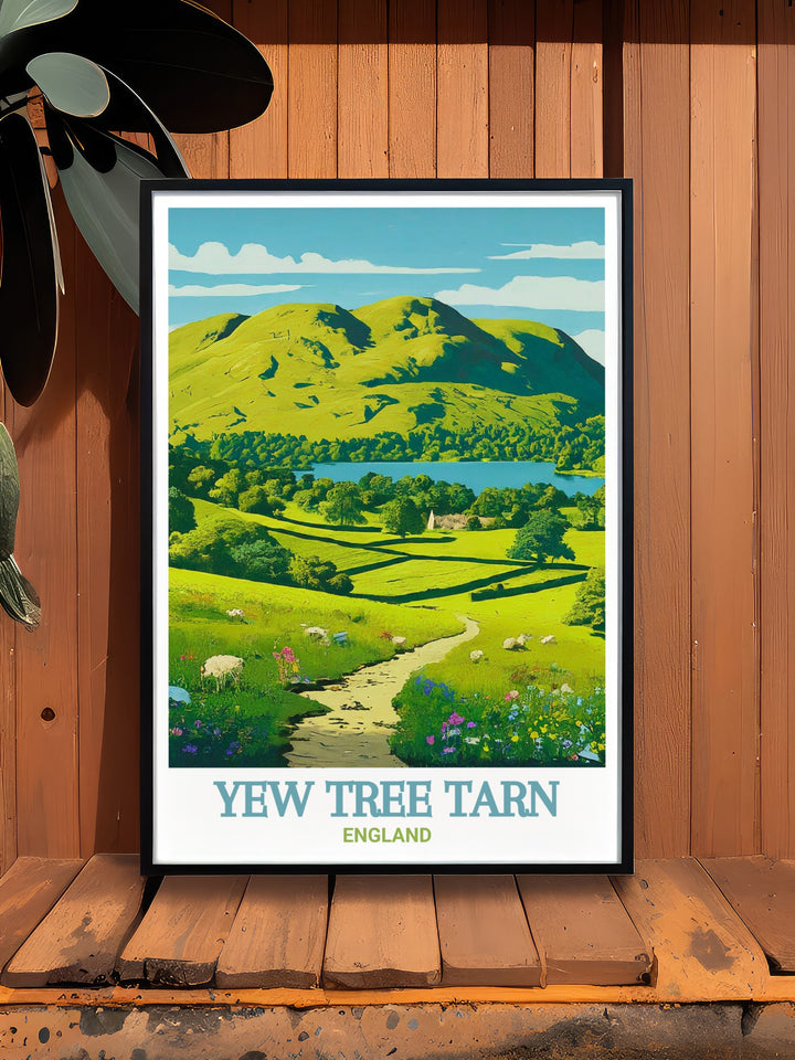 Lake District travel poster of Yew Tree Tarn and Loughrigg Fell, capturing the scenic charm and peaceful ambiance. This print is perfect for decorating your home with a piece of Englands natural heritage.