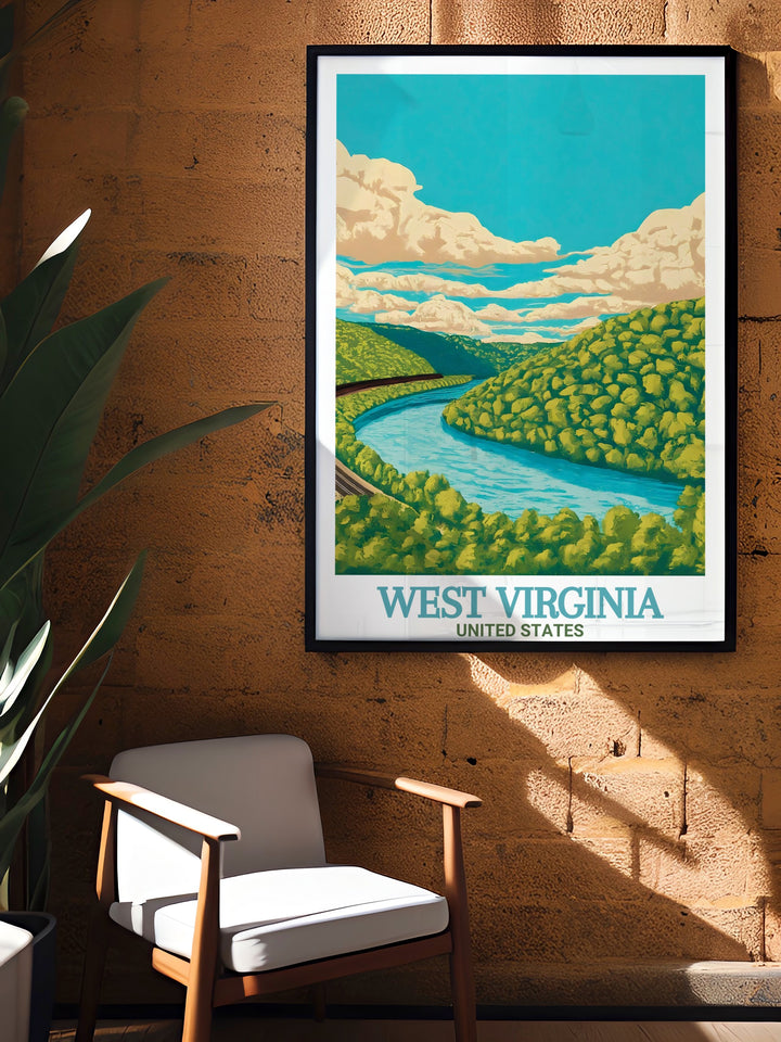 Cass Scenic Railroad State Park and Snowshoe Ski Resort are beautifully depicted in this travel art print of West Virginia offering a mix of historical charm and winter adventure perfect for creating a statement wall or adding warmth to any room.