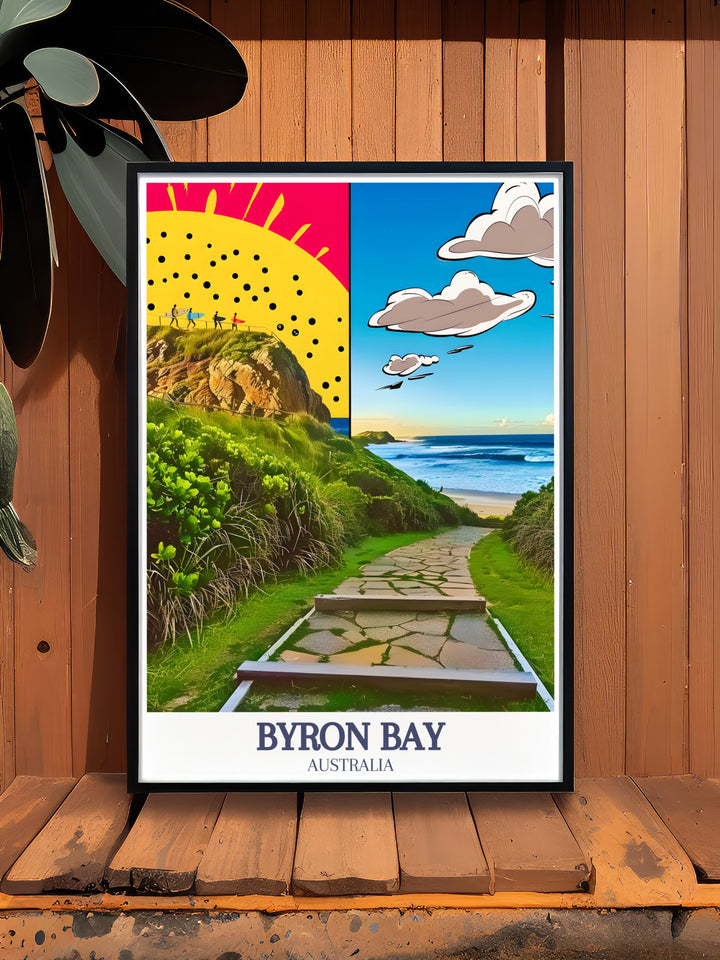 Byron Bay Decor featuring Cape Byron Walking Track and Byron beach ideal for enhancing your home or office. This colorful art print brings the iconic views of Byron Bay into your space, creating a captivating focal point.
