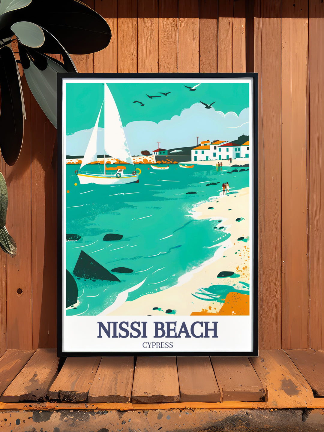 This Nissi Beach poster print captures the stunning white sands and blue waters of the famous Cypriot beach. Perfect for adding a coastal touch to any room, the artwork also includes the nearby Ayia Napa Harbor, making it ideal for Cyprus lovers and travel enthusiasts alike.