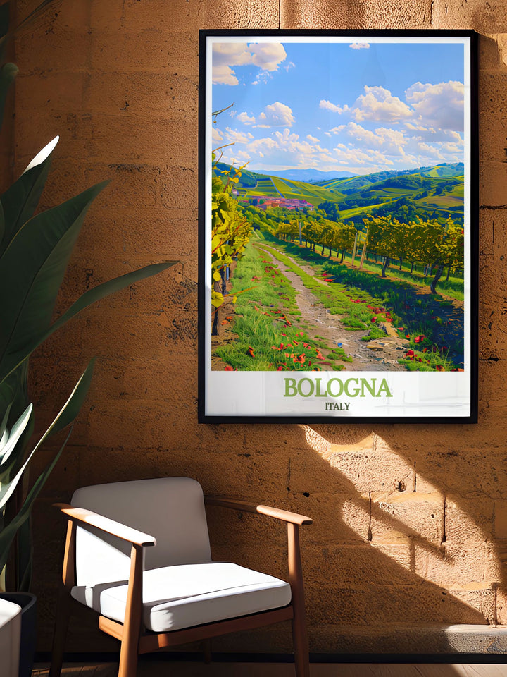 High quality print of Bolognas medieval architecture and the rolling hills of Colli Bolognesi, capturing the essence of this unique Italian region. Ideal for art lovers who appreciate both history and nature.