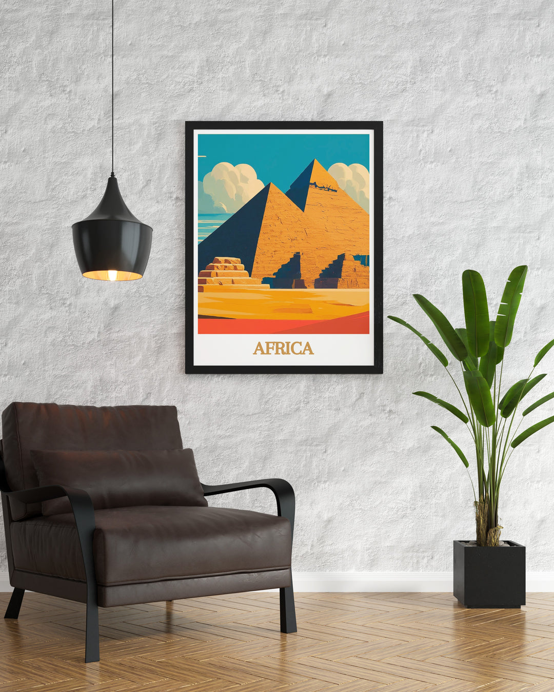 Vintage Travel Print combining the charm of Bwindi Uganda with the ancient splendor of the Pyramids of Giza offering a unique piece of art that inspires exploration and appreciation for world heritage