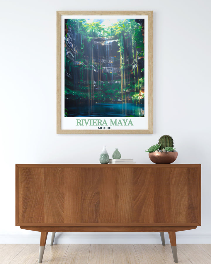 Cenote Ik Kil modern prints capturing the vibrant essence of Riviera Maya Mexico perfect for home living decor. These prints are ideal for beach decor and make a unique Mexico gift adding a touch of tropical art and elegance to any living space with Cenote Ik Kils stunning scenery.