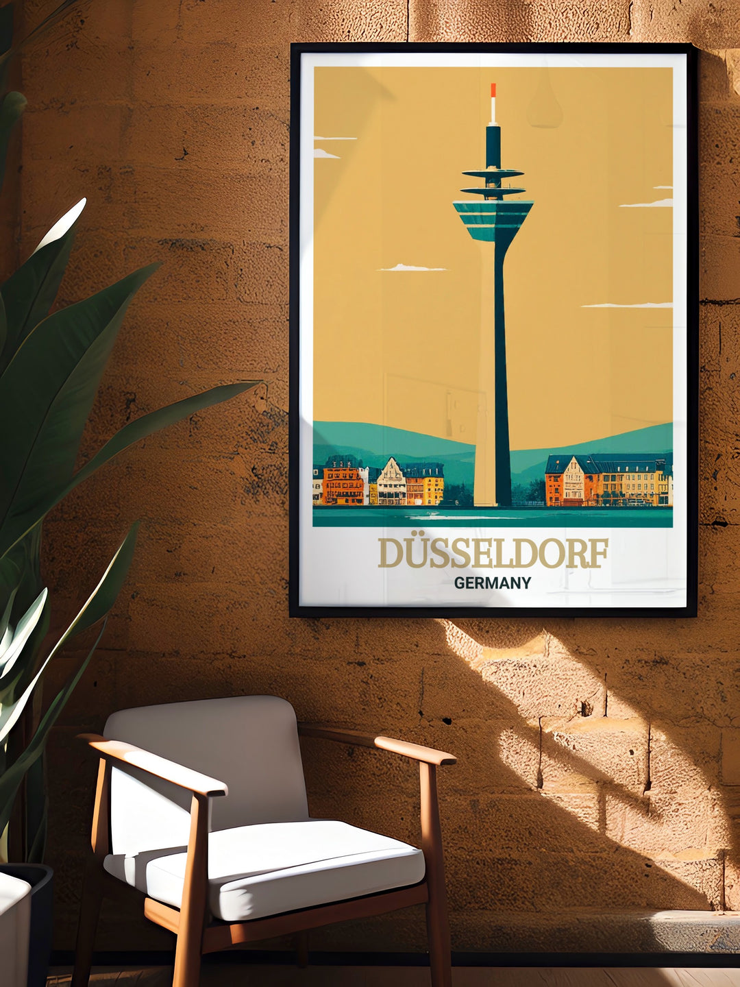 Our Düsseldorf travel poster highlights the stunning Rheinturm, blending modern architecture with a captivating cityscape. Perfect for decorating homes, offices, or workspaces with a love for European landmarks and modern art.