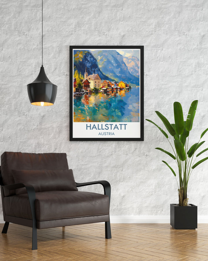 This detailed illustration of Hallstatt Village offers a captivating view of its picturesque houses and tranquil lake, perfect for enhancing your home decor with a touch of magic.