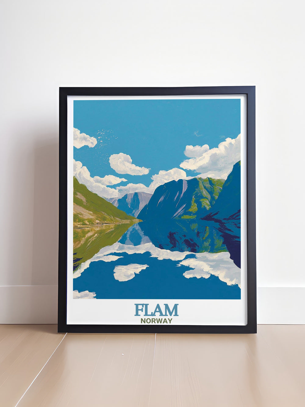 This Norway travel print highlights the majestic Nærøyfjord, with its steep cliffs and cascading waterfalls. Ideal for adding a Scandinavian touch to your home, this artwork brings the serene beauty of Norways landscapes to your decor.