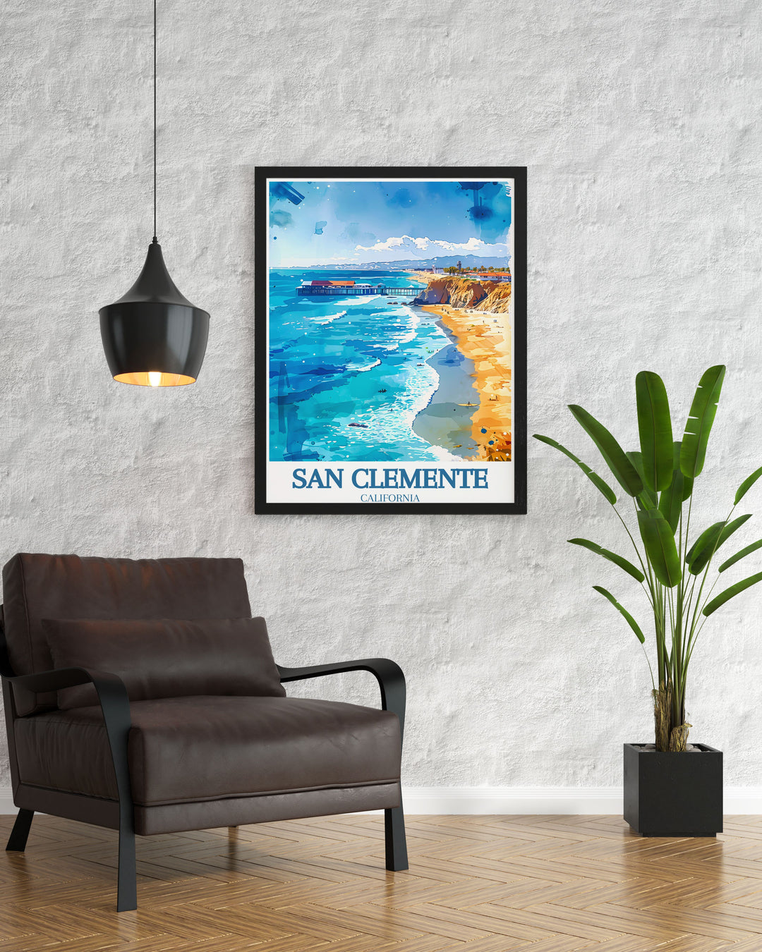 San Clemente Wall Art featuring the Railfanning train San Clemente pier. This photo print offers a beautiful and detailed view of the city making it a perfect piece for elegant home decor and stylish living spaces.